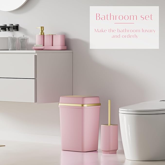 9PCS Bathroom Accessory Set, Pink Bathroom Set with Large-Capacity 4 Gallon Trash Can, Bathroom Accessories Set Complete, Toothbrush Holder, Soap Dispenser, Toilet Brush, Bathroom Decor