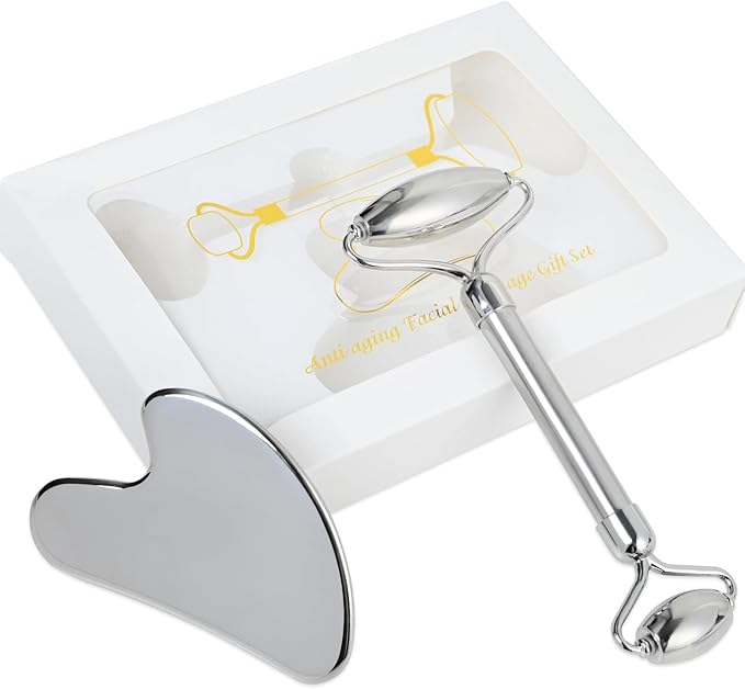 ONLYSKY BEAUTY Face Roller Gua-Sha Set Facial Roller kit for Face Skincare, Stainless-Steel Stone Sculpting Tool, Massager Roller for Skin Care,Gift for Men and Women