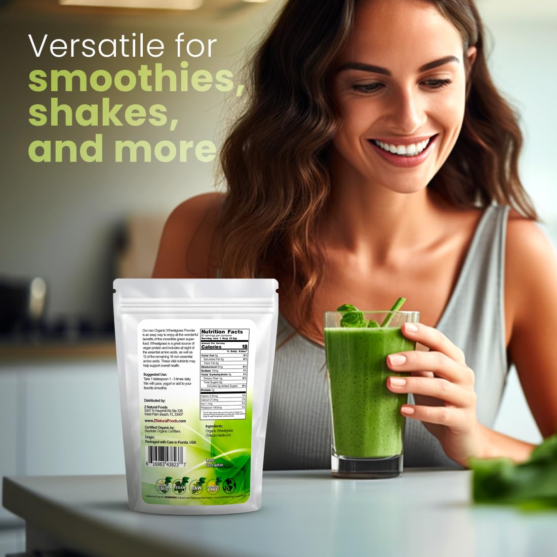 Z Natural Foods Organic Wheatgrass Powder, Green Superfood Powder for Smoothies, Juices, Shakes, and Recipes, Nutrient-Rich Powder, 100% Pure, Raw, Non-GMO, Vegan, Gluten-Free, 87 Servings, 1 lb