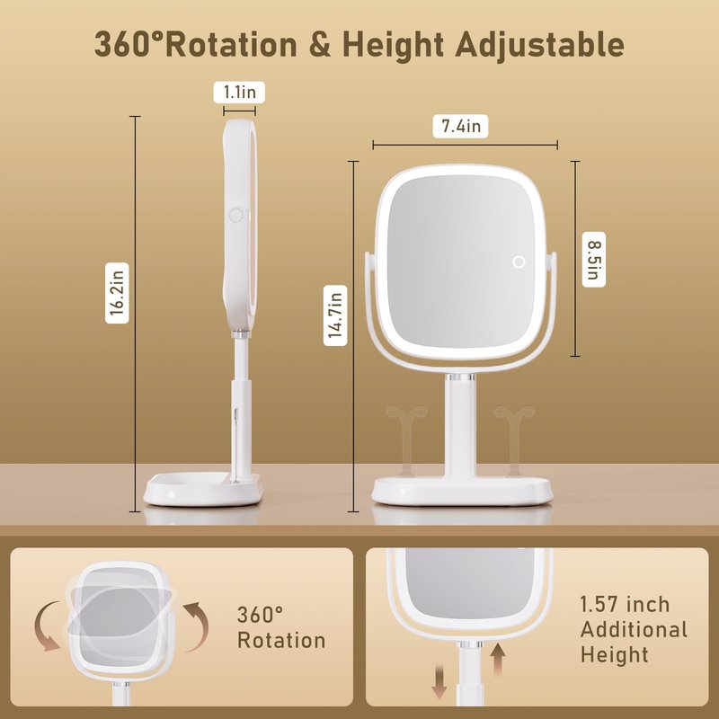 FRANO Vanity Mirror with Lights, Rectangular Lighted Makeup Mirror with 3 Color Lights, 1X/10X Magnification, Adjustable Height, 360° Rotation, 4000mAh Rechargeable for Desk, Gifts for Women