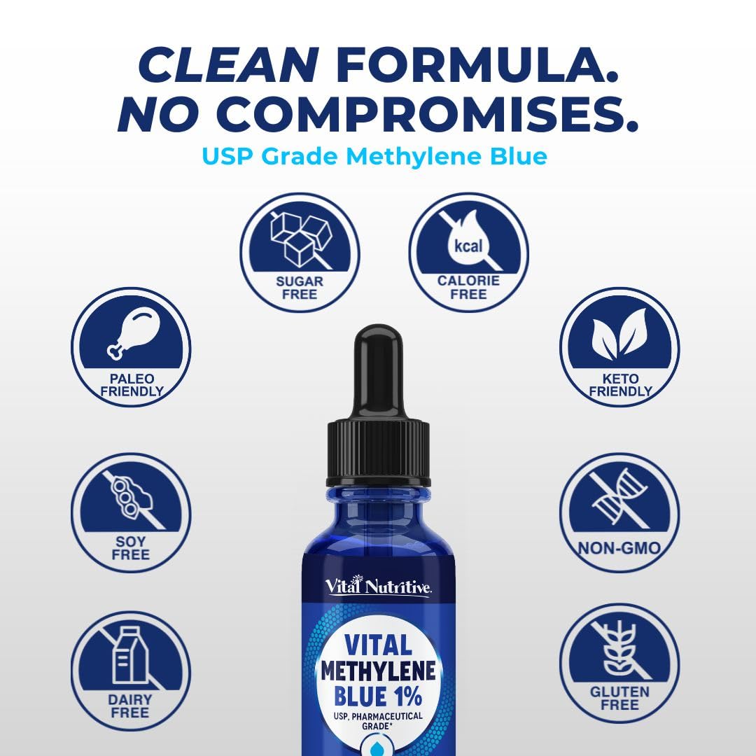 Vital Methylene Blue Drops 1% – Pharmaceutical Grade Methylene Blue for Humans, Supports Cellular Energy & Cognitive Balance, Vegan, Non-GMO – 1 fl oz (30 mL)
