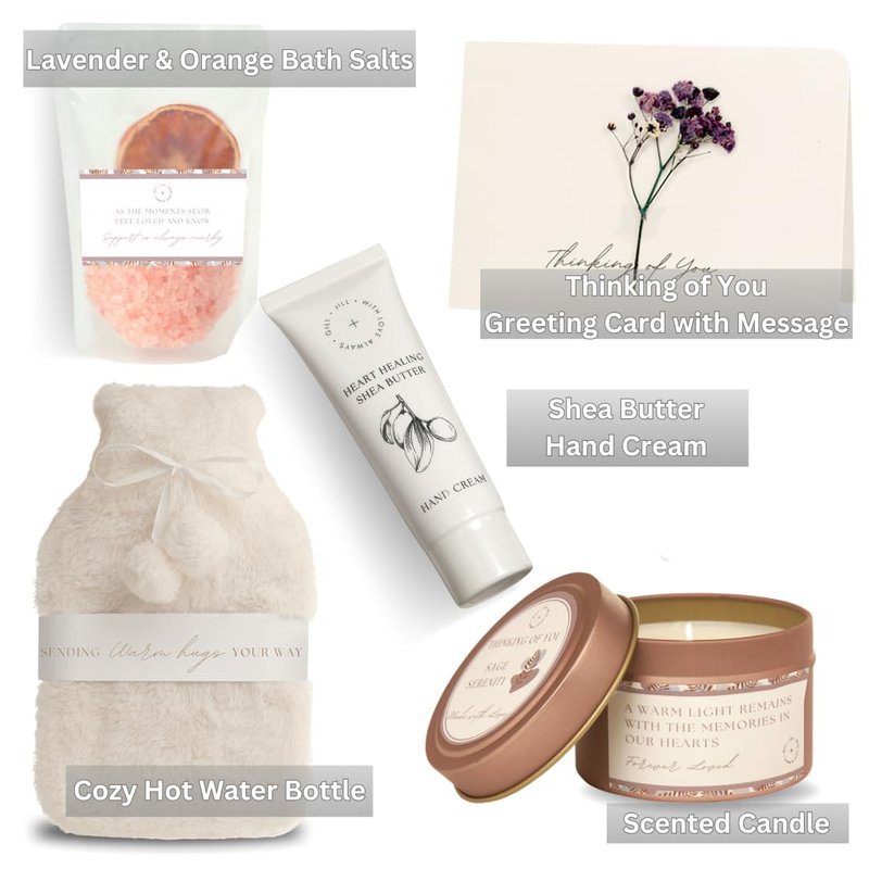 Sympathy Gift Baskets for Loss of Loved One – Bereavement Gift Basket with Bath Salts, Hot Water Bottle, Hand Cream, Sage Candle & Greeting Card – Sympathy Care Package, Condolences Gift for Women