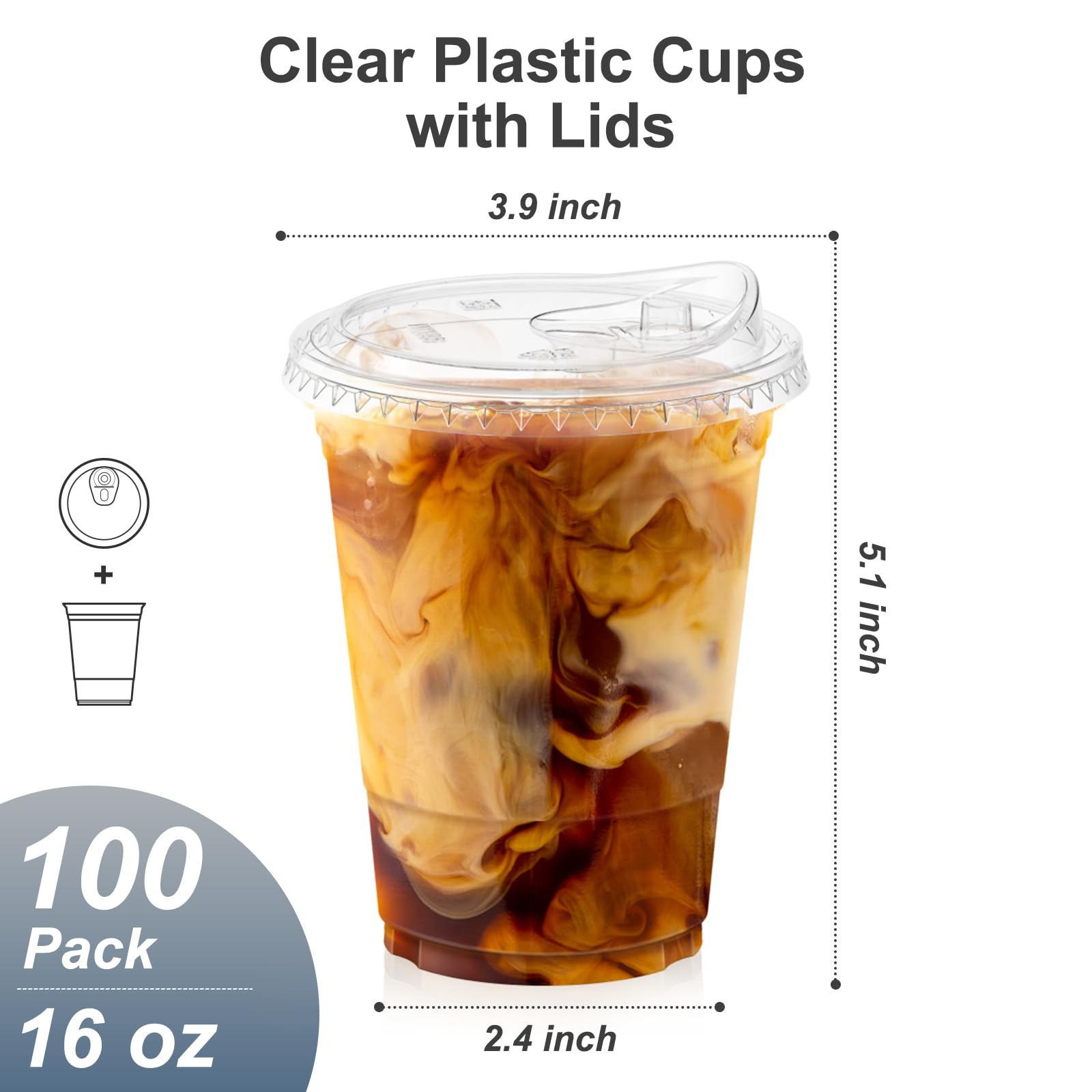 Dealusy 100 Pack - 16 oz Clear Plastic Cups with Lids, Sturdy & Food Safe Iced Coffee Cups with lids, Disposable Plastic Smoothie Cups for Cold Drinks, Sip Lids