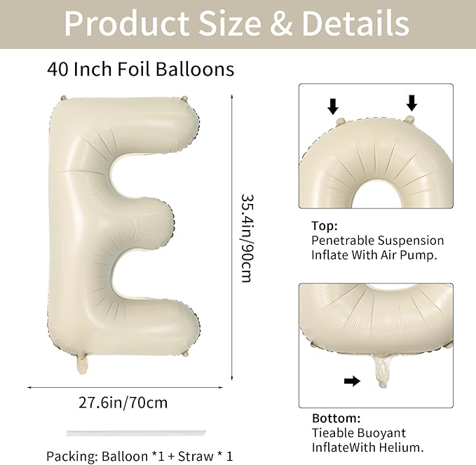 Biapian 40 Inch Letter E Balloons, Giant Cream E Foil Balloon, Big Single Alphabet A-Z Balloons, Beige Large Aluminum E Balloons Helium for Birthday, Baby Shower, Wedding, Anniversary Party Decoration