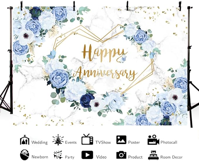 MEHOFOND 10x7ft Happy Anniversary Backdrop Blue and White Floral Wedding Anniversary Photography Background Hearts Geometric Couple Wedding Women Birthday Party Cake Smash Decor Studio Photo Props