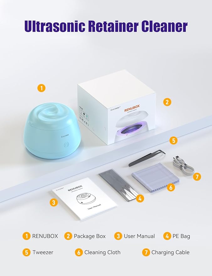 Ultrasonic Retainer Cleaner, EVA BELLE Denture Retainer Cleaner Machine, Tooth Cleaner for Oral Dental Care, Portable Rechargeable Dental Cleaning Pod for Night Guards, Braces, Aligner, Jewelry