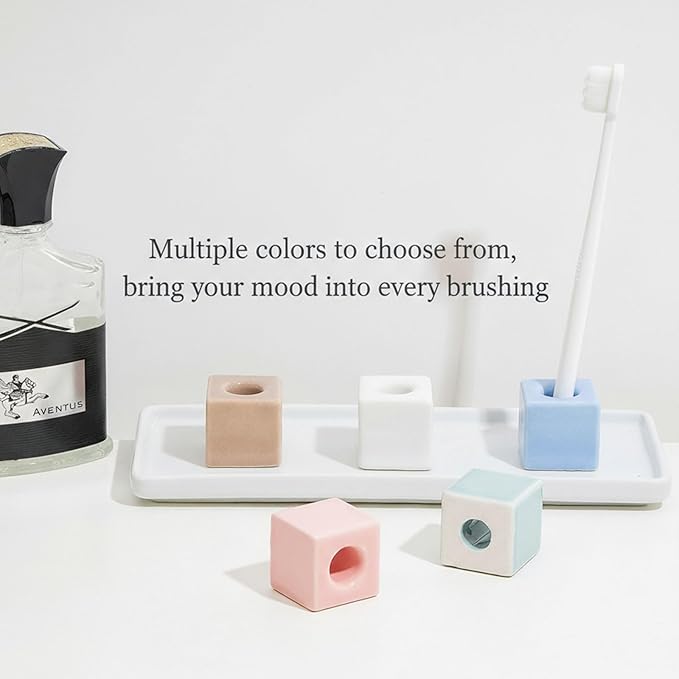 AirMoon Mini Square Ceramic Toothbrush Holder for Bathroom - Blue Small Countertop Organizer, Easy Clean Toothbrush Stand, Suit for Electric Toothbrush Head, Pens & Coffee Spoon