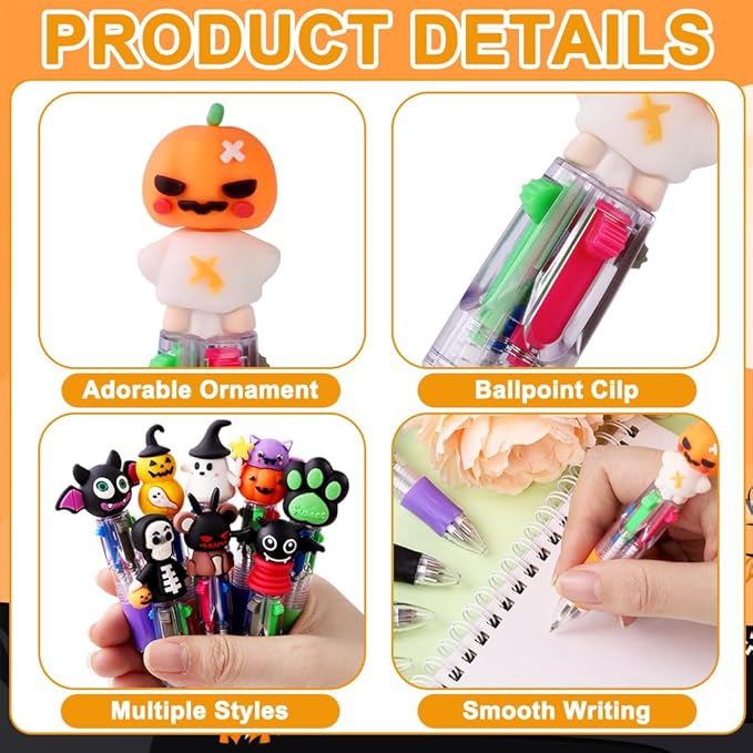 24PCS Halloween Fun Pens Multicolor Ballpoint Pens 4 Colors in 1 Halloween Retractable 0.7mm Multicolor Writing Stationery for Party Favors Supplies Rewards Holiday Gifts