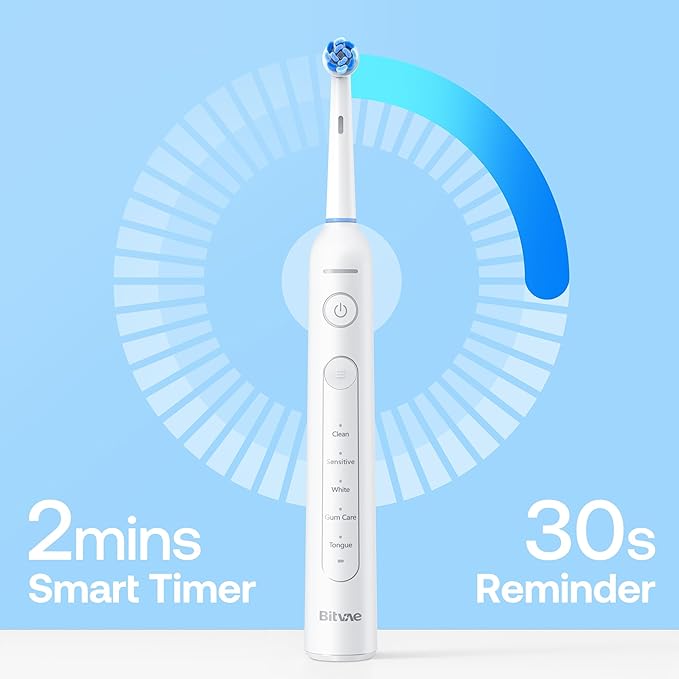 Bitvae R2 Rotating Electric Toothbrush for Adults with 8 Brush Heads, 5 Modes Rechargeable Power Toothbrush with Pressure Sensor, White