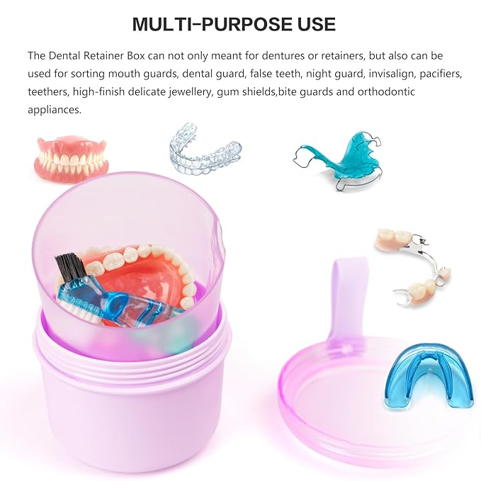 Leak Proof Travel Denture Bath Case for Full Dentures, Denture Cups for Soaking Dentures, Denture Container Cups with Brush for Dentures, Aligner, Retainers, Mouth Guard (Purple)