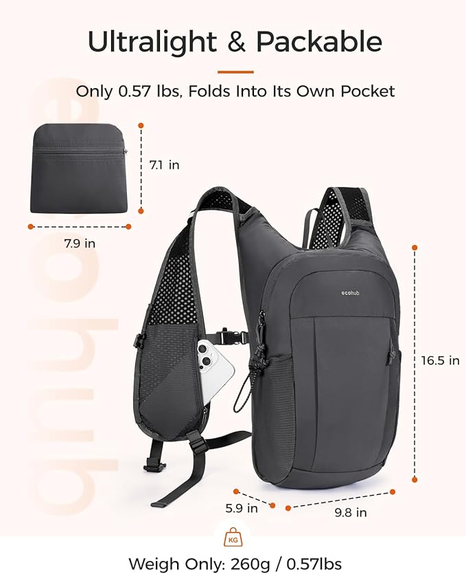 ECOHUB 15L Lightweight Packable Hiking Backpack for Travel, Small Daypack with Chest Strap & Phone Pocket, Water Resistant Foldable Backpack for Men Women