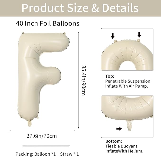Biapian 40 Inch Letter F Balloons, Giant Cream F Foil Balloon, Big Single Alphabet A-Z Balloons, Beige Large Aluminum F Balloons Helium for Birthday, Baby Shower, Wedding, Anniversary Party Decoration