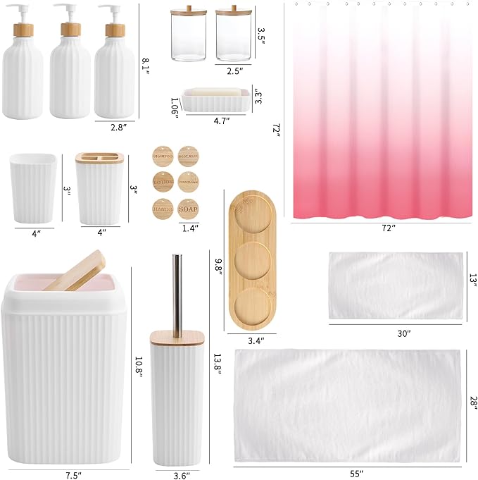 32PCS White Bathroom Accessories Set with Shower Curtain,Bath Towel,Trash Can,3PCS Lotion Soap Dispenser,Toothbrush Holder,Soap Dish,Tumbler Cup,6PCS Wood Tags Bath Accessories with Tray