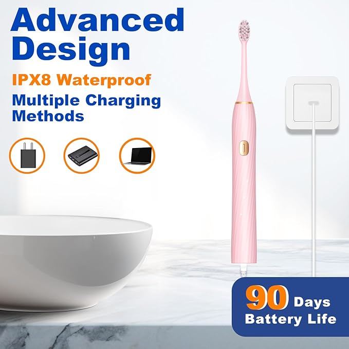 Sonic Electric Toothbrush for Adults and Kids, Rechargeable Toothbrush With 8 Brush Head, 4 Modes and 2 Minute Timer, 42000VPM Power Motor, IPX8 Waterproof, 4 Hours Fast Charge last 90 days (Pink)