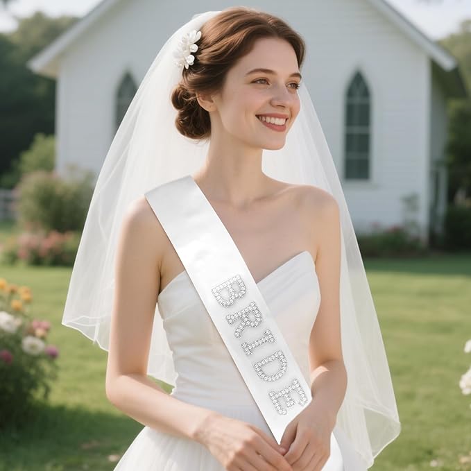 Bride to Be Set: Pearl-Trimmed Heart Sunglasses, Pearl BRIDE Sash & Tulle Veil - Bachelorette Party Bridal Accessories