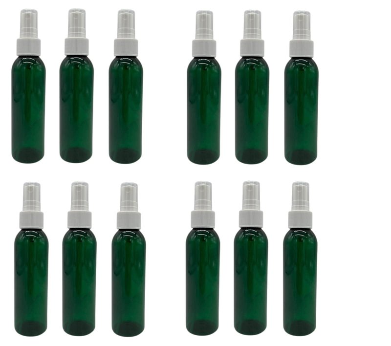 Natural Farms 4 oz Green Cosmo Plastic Bottles - 12 Pack Empty Bottle Refillable - BPA Free - Essential Oils - Aromatherapy | White Ribbed Fine Mist Pump Spray Caps- Made in the USA