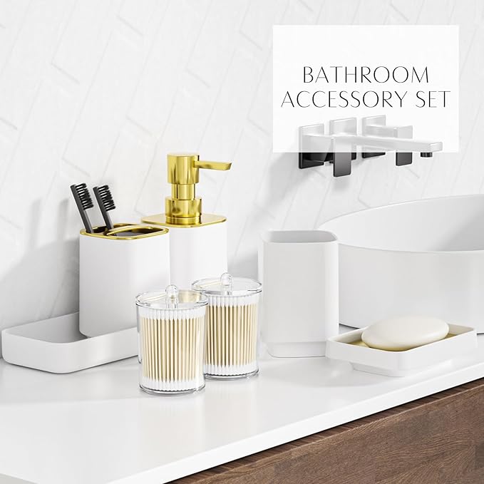 25PCS Bathroom Accessory Set, White Bathroom Set with Large-Capacity 4 Gallon Trash Can,Bathroom Rugs Set, Waterproof Shower Curtain, Toilet Brush, Toothbrush Holder & Soap Dispenser
