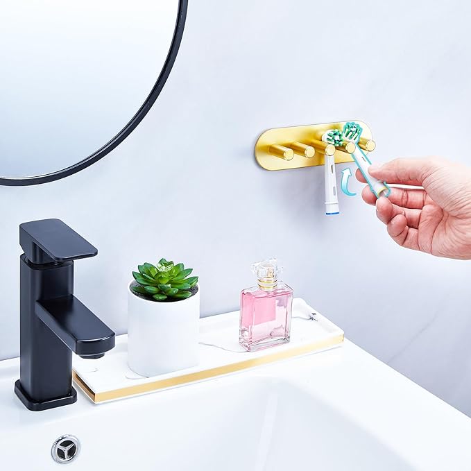 Electric Toothbrush Head Holder, Toothbrush Holders Wall Mounted, Adhesive Tooth Brush Head Holder Organiser, Electric Toothbrushs Holder, Shower Tooth Brushing Holder (Gold, Large)