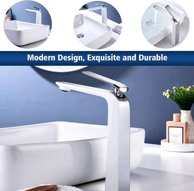 TOCALOCA Tall Bathroom Faucet White and Chrome Sliver, Vessel Sink Mixer Tap Bathroom Single Handle 1 Hole High Basin Faucet for Bowl Sink Lavatory, Brass