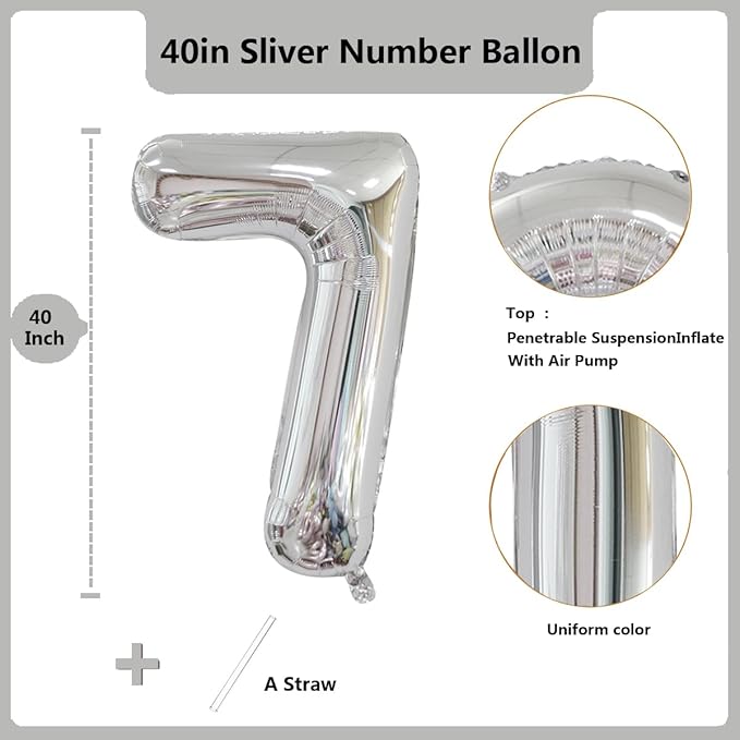 40 inch Silver Number Balloon Giant Foil Helium Balloons Silver Number 7 Balloon for 7th Birthday Party Anniversary Decorations Supplies