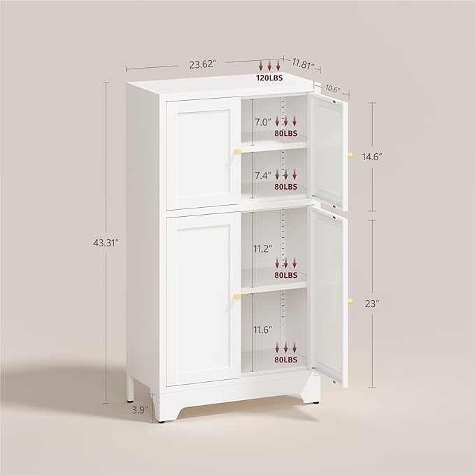 Bathroom Floor Storage Cabinet,Freestanding Bathroom Storage Cabinets,White Bathroom Cupboard,Metal Floor Cabinets,Small Cabinet with 2 Adjustable Shelves&4 Doors