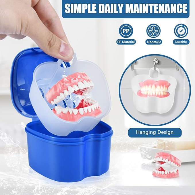 2 Pack Denture Bath Case Cup Box Holder Storage Container with Denture Cleaner Brush Strainer Basket for Travel Cleaning (Blue and Purple)