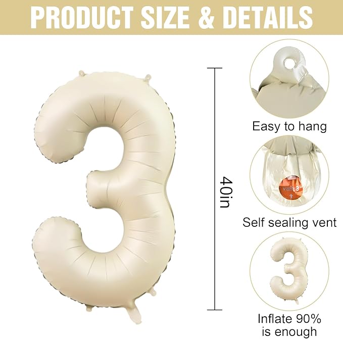 Number 3 Balloon Beige,40 Inch Large Cream Foil 3 Helium Balloons for Boys Girls Birthday Anniversary Decorations