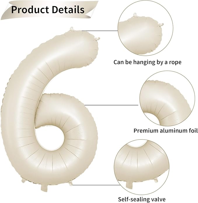 40 Inch Cream Number 6 Balloon, Beige Large 6th Birthday Balloons, Digital 6 Cream White Giant 6 Foil Balloon Helium for Boys Girls 6th Birthday Decorations Anniversary Baby Shower Party Supplies