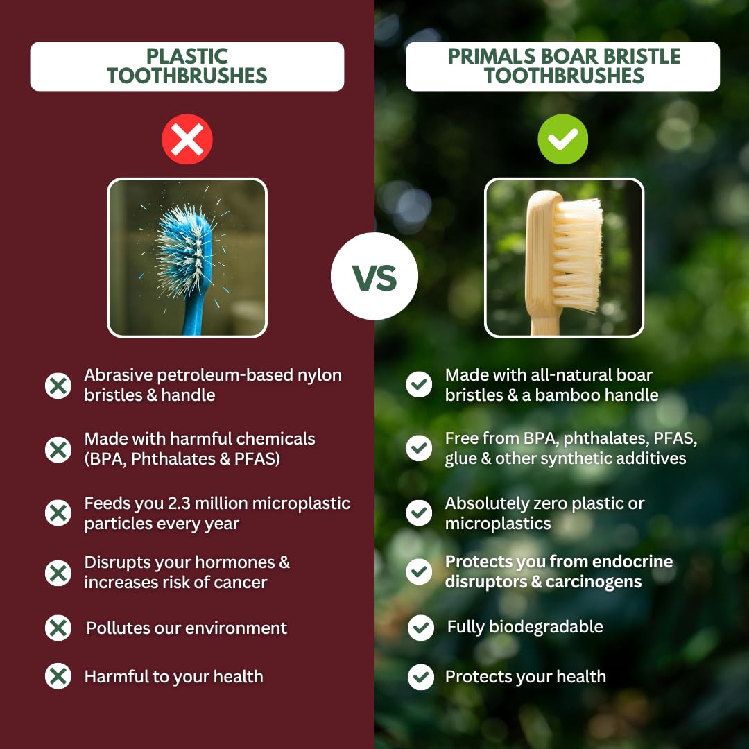 PRIMALS Boar Bristle & Bamboo Toothbrush (4-Pack) - Premium Boar Bristles - Fully Biodegradable - Plastic & Nylon Free - Quick Dry Design