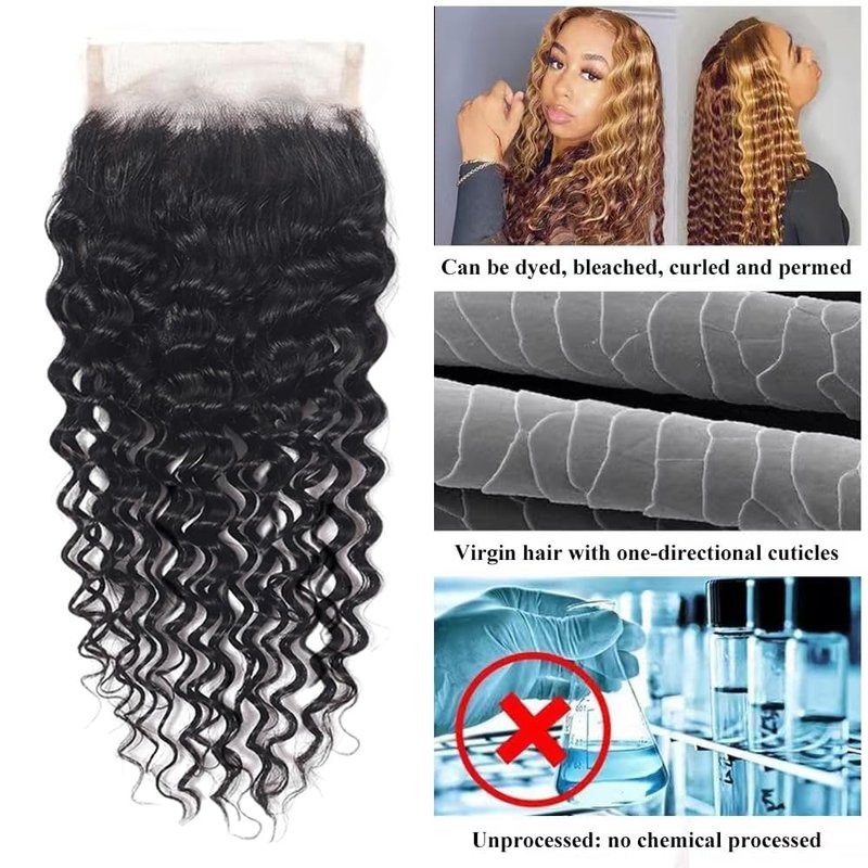 4x4 HD Lace Closure Human Hair Deep Wave Closure Free Part 20 Inch 100% Unprocessed Brazilian Virgin Human Hair Extensions Pre Plucked 150% Density Natural Black