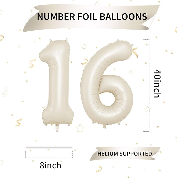 Biapian 40 Inch Cream Number 16 Balloon, 16th Birthday Balloons, Big Digital 16 or 61 Beige White Giant 16 Foil Balloon Helium for 61st 16th Birthday Decorations Anniversary Baby Shower Party Supplies