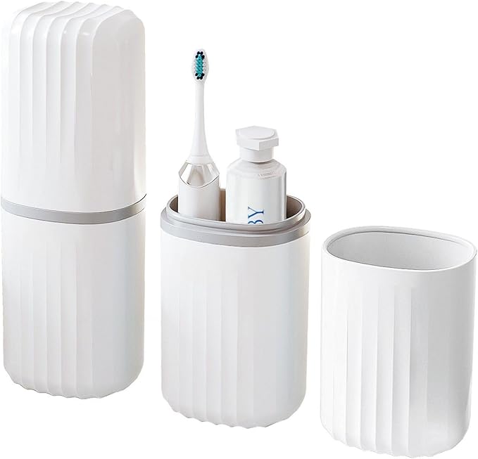 Toothbrush Travel Case, 2 in 1 Toothbrush Holder and Rinse Cup, Large Capacity Toothbrush Cup with Cover, Portable Travel Toothbrush Holder for Traveling, Camping, Trip - 1Pcs - White