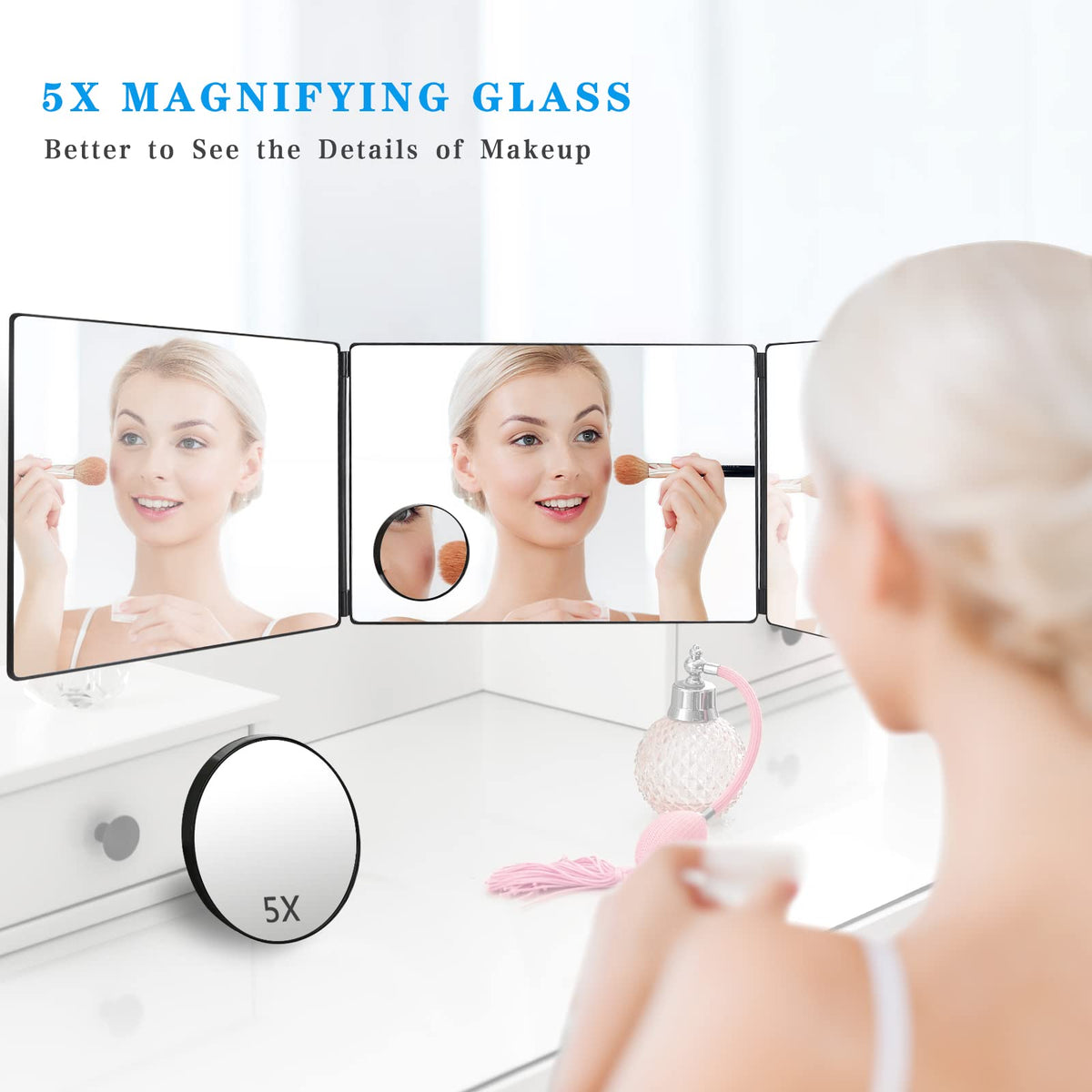 JANMPASK 3 Way Mirror for Self Hair Cutting Tools with Height Adjustable Mirror 360 Trifold for Makeup to See Back of Head (Black)