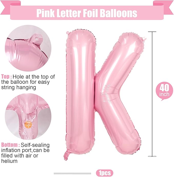 Pink Letter K Balloons,40 Inch K Letter Balloon Light Pink,A to Z Alphabet Polyester Film Helium Custom Letters Balloon for Birthday Anniversary Baby Shower Wedding Party Decorations