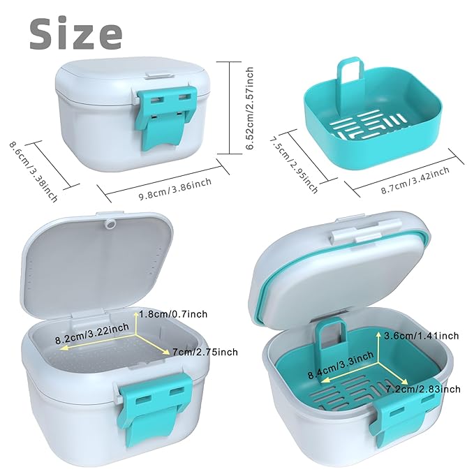 ARGOMAX Leak Proof Denture Bath Cup, Portable Soaking Denture Box, Denture Bath Case with Strainer, for Dentures and Braces, Upgraded Version with Storage Compartment (White + Cyan).