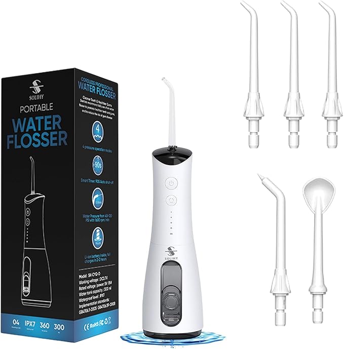 Cordless Water Flosser, Water Dental Flosser, Rechargeable Irrigation Cleaner,4 Modes Portable Water Flosser with 5 Nozzles, Water Flossers for Teeth, Dental Tools (White)