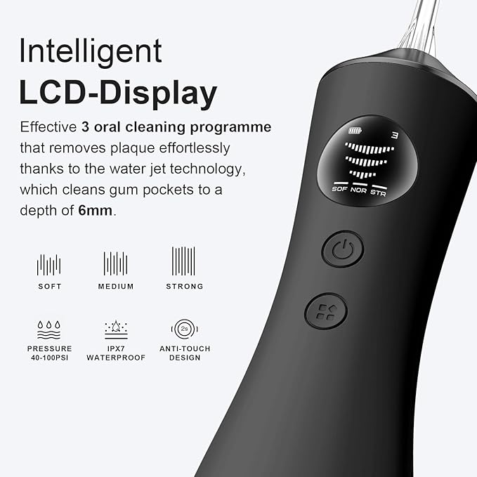 Water Dental Flosser for Teeth, Portable Cordless Water Flosser with 300ML Rechargeable with Type-C, IPX7 Waterproof Water Flossers for Adults with 3 Intensity Modes and 3 Flossing Tips Dark