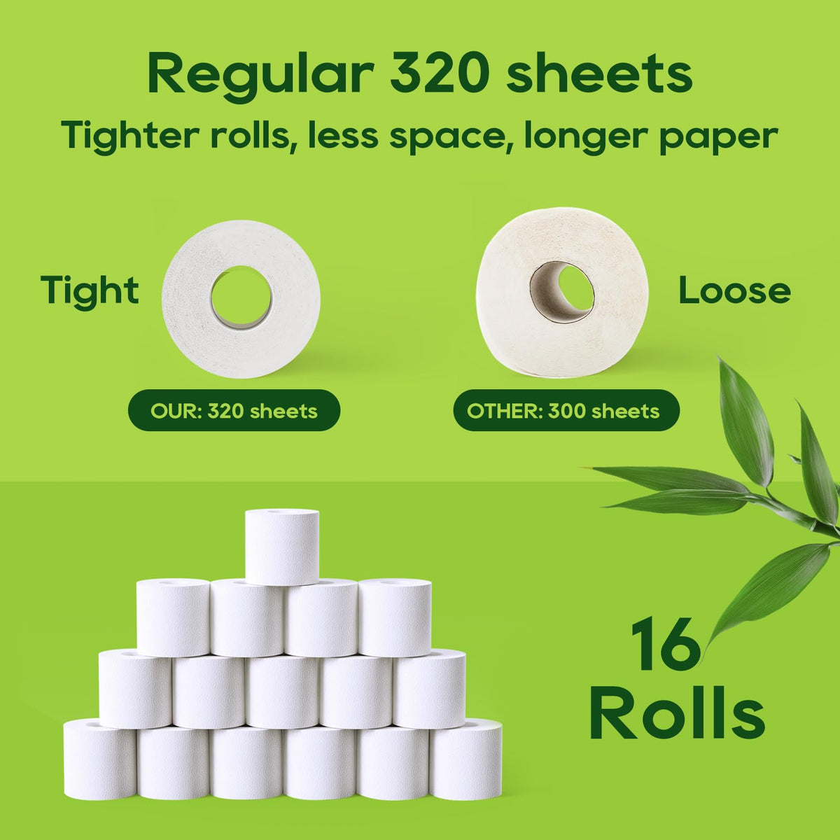 ECOLipak Bamboo Toilet Paper, Septic Safe Toilet Tissue, 16 Double Rolls, 320 Sheets Per Roll, Tree Free, Non Toxic, 2 Ply, Soft and Absorbent, Eco Friendly Dye-Free Paper