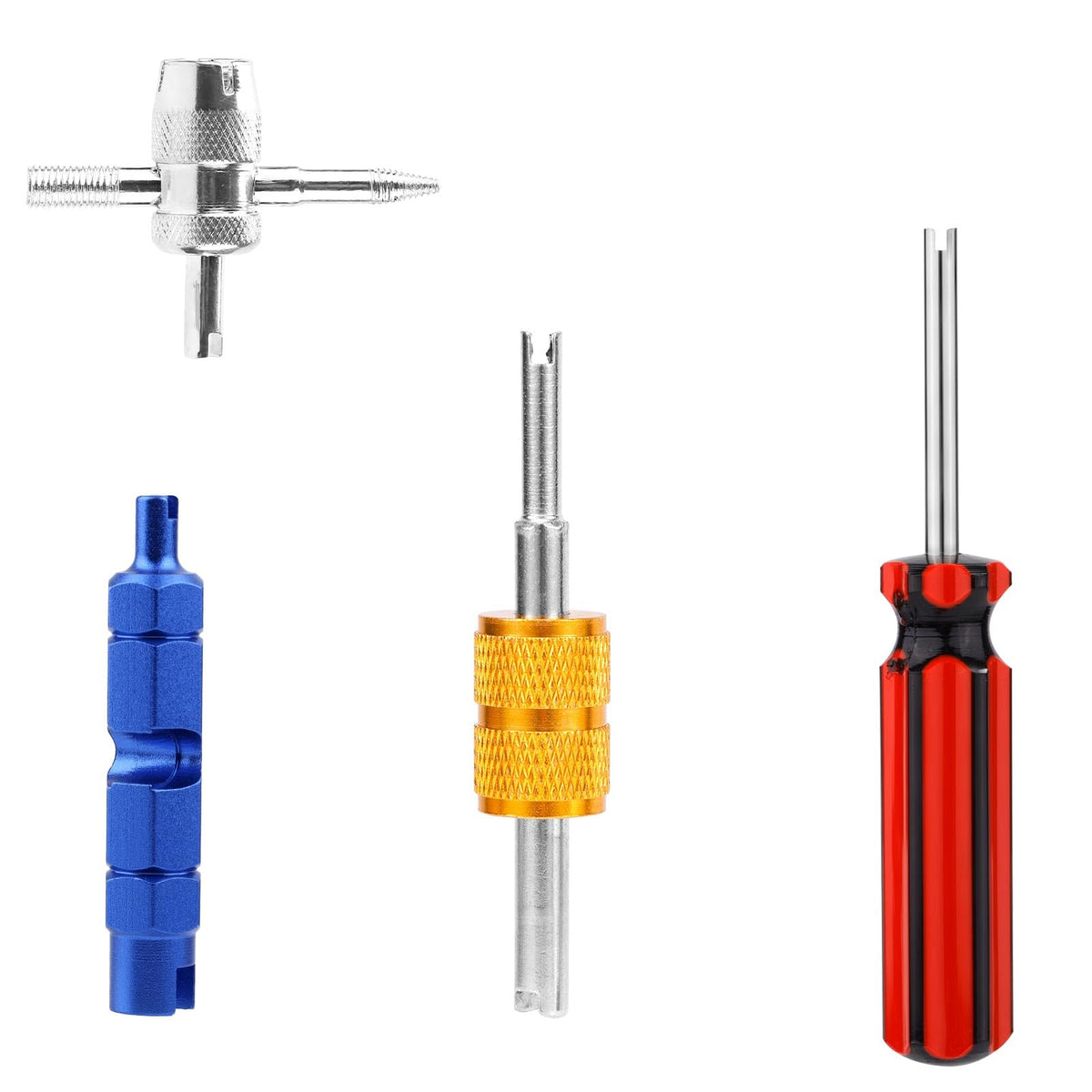 4 Pcs Tire Valve Repair Tool Set, Dual & Single Head Valve Core Remover Wrench 4 Way Stem Puller Stem Core Wrench Remover Kit fo