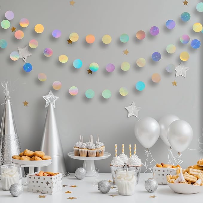 WEVEN Holographic Paper Garlands Party Decorations Laser Silver Circle Dots Banner Party Streamers, 30 Feet