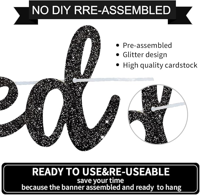 BEISHIDA Black Just Married Banner - NO DIY, Glitter Wedding Party Banner,Just Married Signs, Bachelorette/Bridal Garland,Engagement Party Decor Supplies, Wedding Reception Party Decorations.