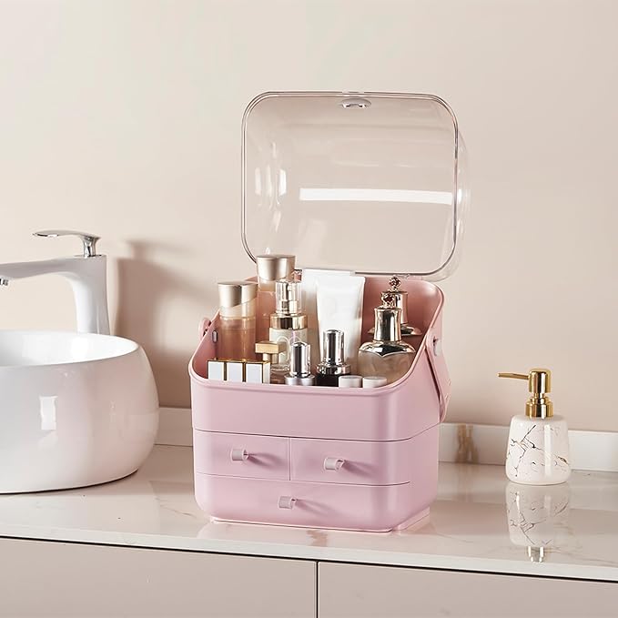 Large Makeup Organizer w Drawers Beauty Organizer Makeup Box Holder Vanity Organization Desk Countertop MakeUp Organizers Bathroom Counter Organizer Skincare Cosmetic Case Stand Dustproof Lid Gift