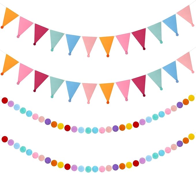 4 Pack 26.3 Feet Colorful Pom Pom Garland Felt Bunting Banner Hanging Decor, Rainbow Ball Decoration for Easter Christmas Tree Classroom Back to School Birthday Party Decorations