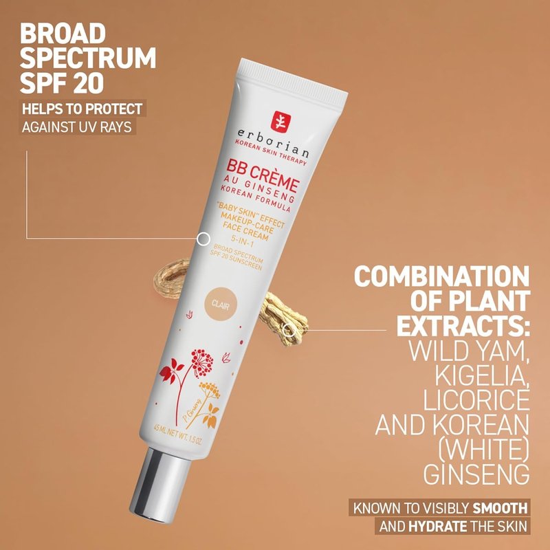 Erborian BB Cream with Ginseng, Fair (Clair) - Lightweight Buildable Coverage with SPF 20 & Ultra-Soft Matte Finish Minimizes Pores & Imperfections - Korean Face Skincare - 0.5 Oz