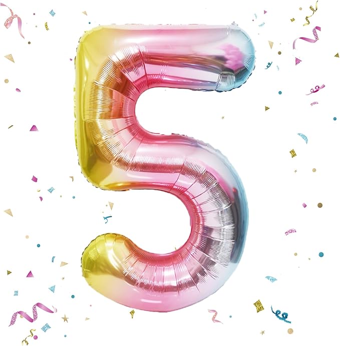 40 Inch Giant Rainbow Number 5 Balloons, Birthday Balloons, Helium Mylar Foil Big Number Balloons for Birthday Party Decorations, Kids' Birthday Anniversary Party Baby Shower Unicorn Parties