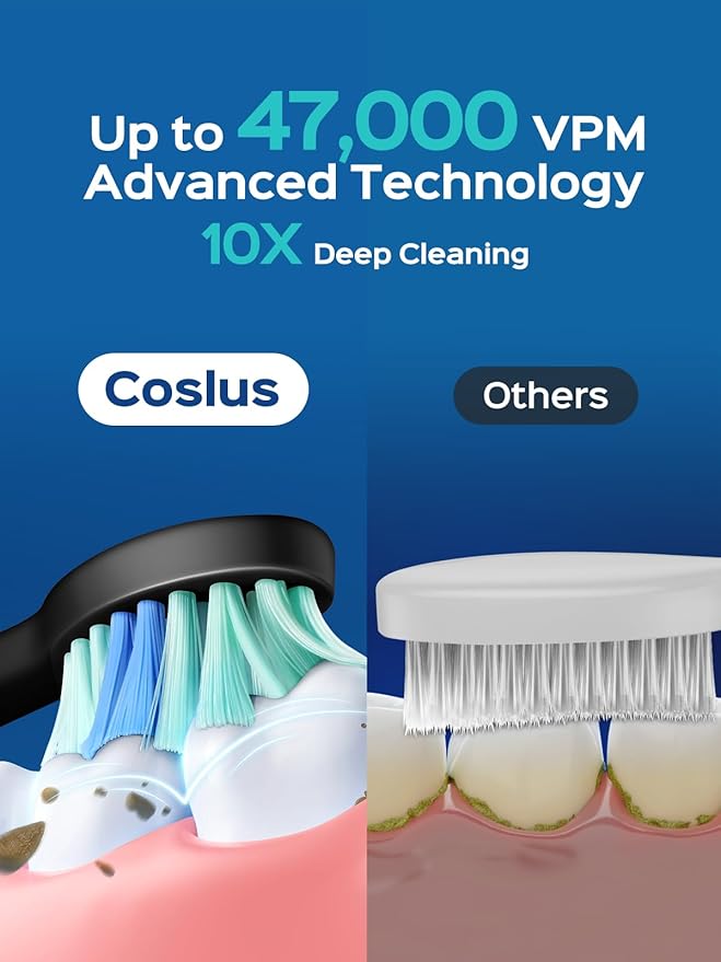 COSLUS Sonic Electric Toothbrush for Adults: 47000 VPM for Deep Cleaning & Whitening with Travel Case - 5 Modes for Sensitive Teeth & Braces, Wireless Charging, 6 Brush Heads, Black & Pink (2PCS)