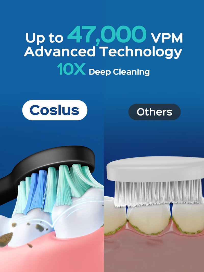 COSLUS Sonic Electric Toothbrush for Adults C40(DY-108Pro): 47000 VPM for Deep Cleaning with Travel Case - 5 Modes for Sensitive Teeth & Brace, Wireless Charging, 6 Brush Heads for Family, Black (1PC)