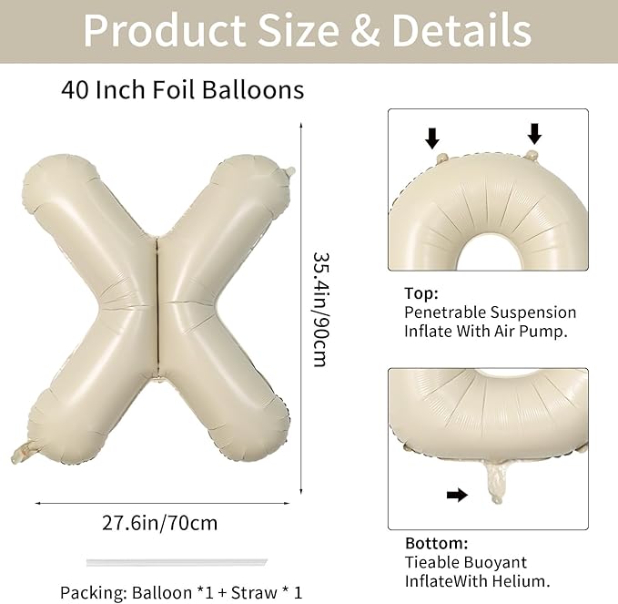 Biapian 40 Inch Giant Cream X Foil Balloons - Big Single Alphabet A-Z, Helium for Birthday, Baby Shower, Wedding, Anniversary Party Decoration