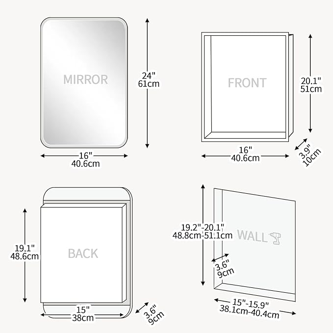 Rectangle Medicine Cabinet with Beveled Edge Mirror, No-Assembly Bathroom Wall Cabinet with Mirror, Adjustable Shelves, Tissue Slot, Recessed or Surface Mount (24" H x 16" W)