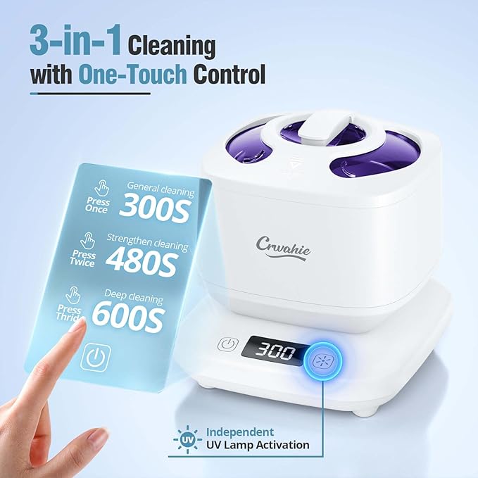 Ultrasonic Retainer Cleaner, Detachable 45kHz Retainer Cleaner Machine 3 Modes Dental Cleaning Pod with Visible Window Digital Timer for Mouth Guard, Dentures, Aligner, Braces, Jewelry - White